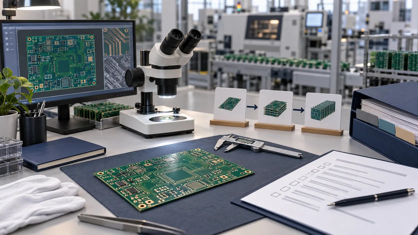 Échantillon de PCB avec microscope, pied à coulisse, liste de contrôle et séquence de qualification de l'échantillon à la production